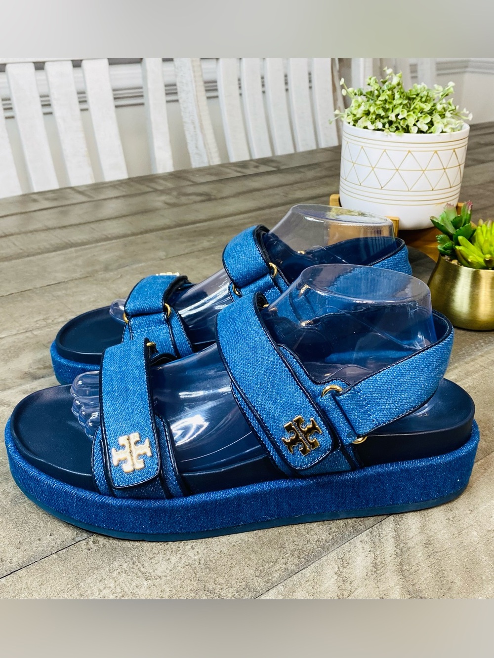 Tory Burch Kira Sport Sandal Denim Blue Platform Logo Strappy Women's Size 10.5 - Picture 4 of 8